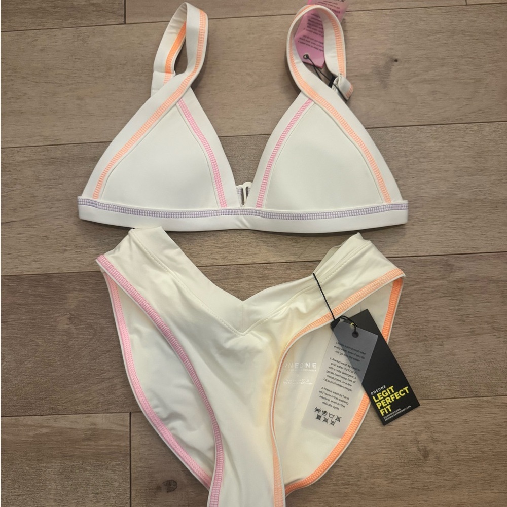 White Bikini Set with Pink and Orange Accents